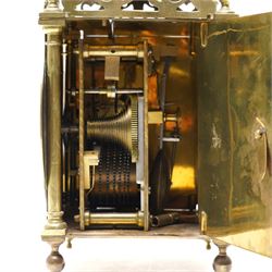 English-17th-century style replica 8-day lantern clock with a suspended bell and turned finials, with three ornate frets to the front and sides and opening side and rear doors, with an engraved dial centre and formerly silvered chapter with engraved Roman numerals, inner quarter hour track and period steel hands, dial engraved 