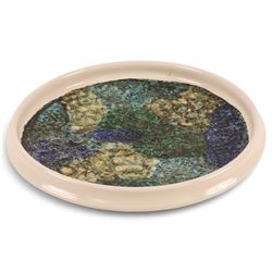 Tony Morris (British 1942-2018) for Poole Pottery: Studio pottery bowl of shallow circular form, thrown by Alan White, glazed and decorated by Tony Morris, impressed and painted marks to base, printed and painted marks beneath D35.5cm