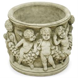 Pair of modern cast stone garden planters, circular tapering bodies moulded with cherubs in high relief among foliage and fruiting vines, in a weathered stone finish