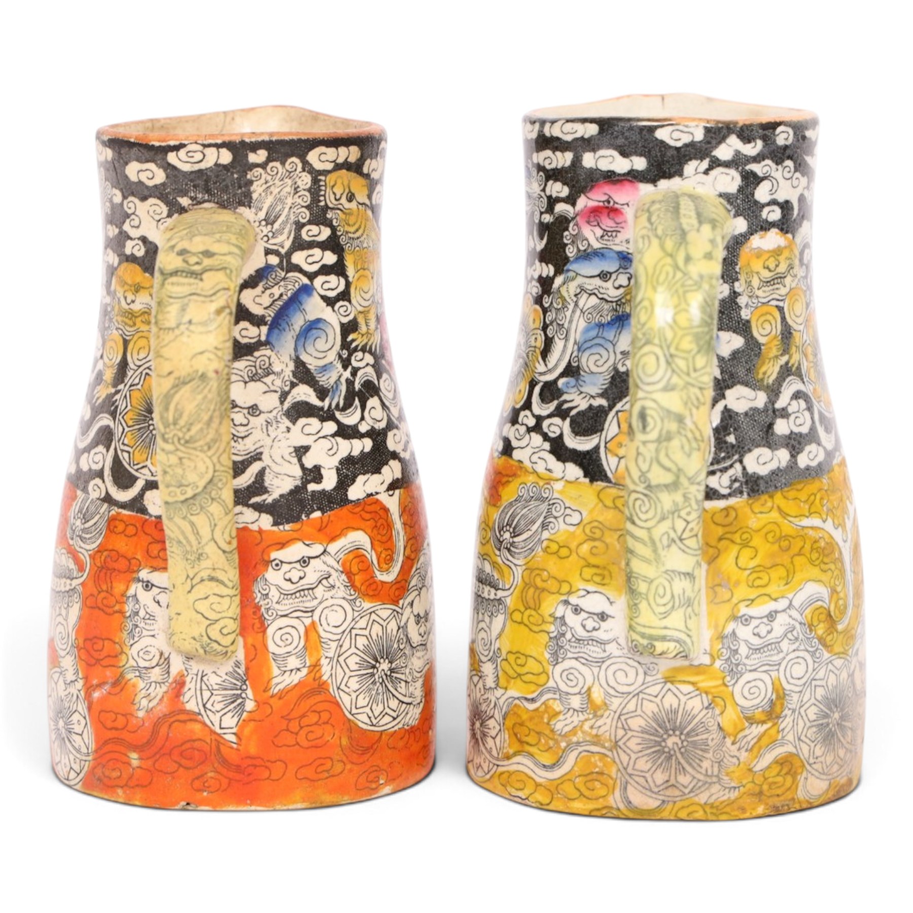Pair 19th century Mason's Bandana pattern jugs, decorated in with Foo dogs, medallions, and cloud scrolls, H12cm