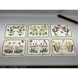 Copper bed pan, Portmeirion placemats, glazed and framed needlework and George Houghton cartoons placemats