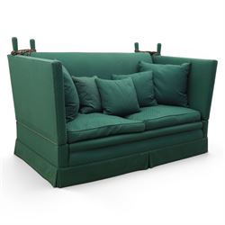 Late 20th century two-seat Knole sofa, covered in green woven fabric with lattice pattern,...