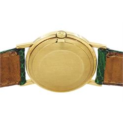 Bueche-Girod 9ct gold, manual wind wristwatch, white dial with Roman numeral hour markers, London 1977, on green leather strap