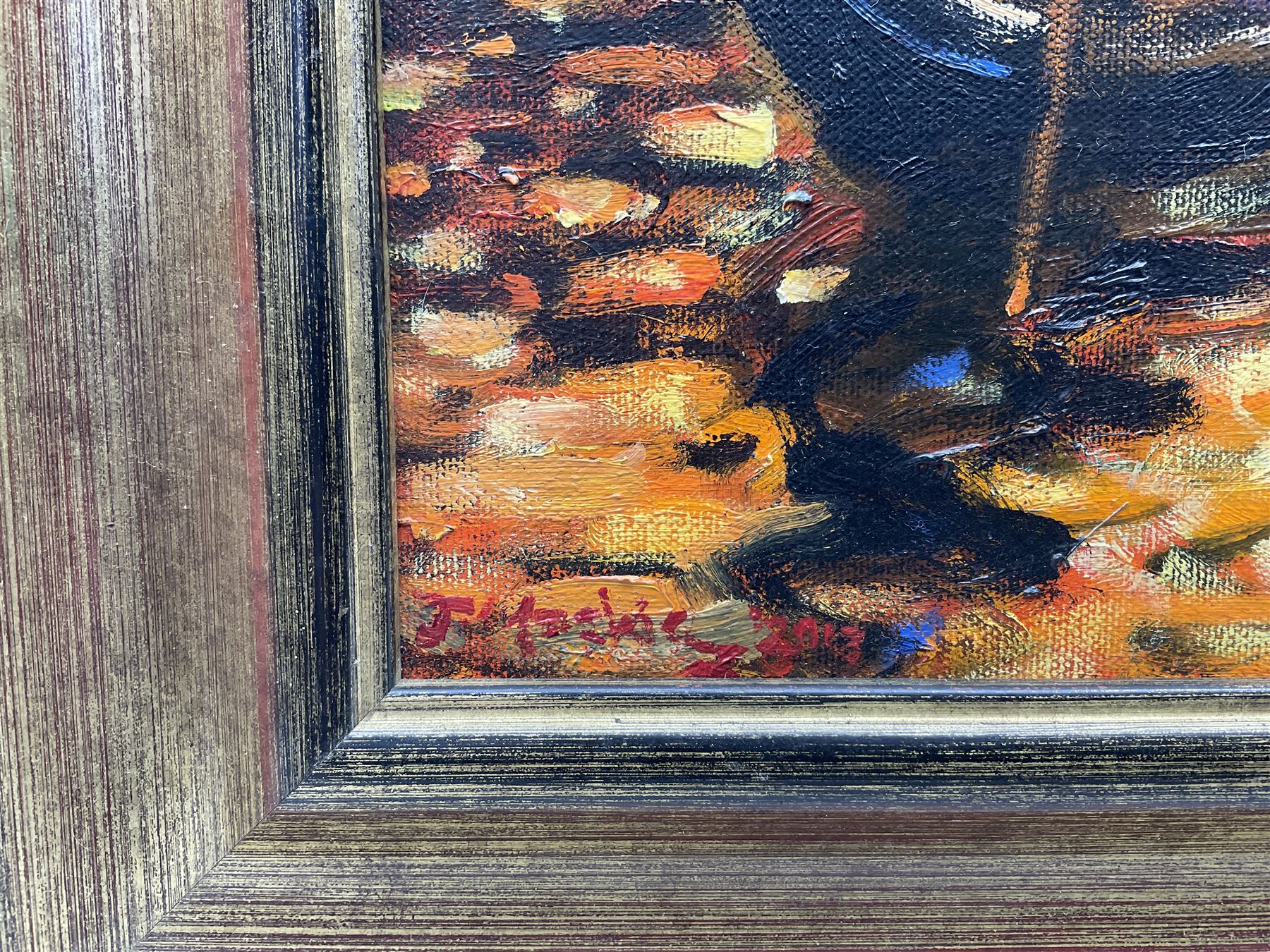 John Mackie (Scottish 1953-): 'Gondolas - Venice', oil on canvas signed and dated 2013, 28cm x 38cm 