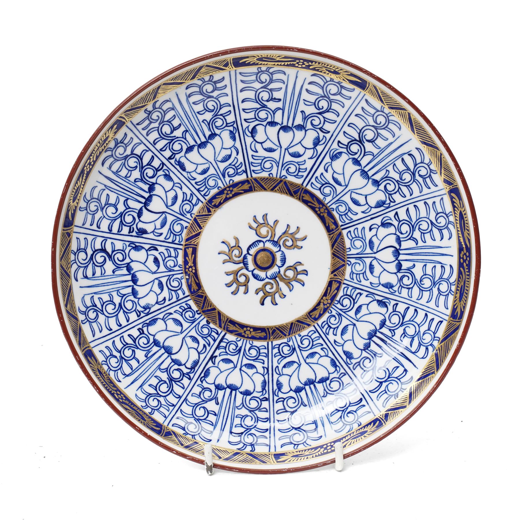 18th century Worcester 'Blue Lily' or 'Royal Lily' pattern tea and coffee service comprising twelve tea cups, twelve coffee cups, twelve saucers, tea pot, milk jug, sugar bowl, slop bowl and pair of plates, filled in crescent marks