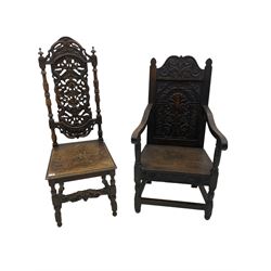 19th century Carolean style hall chair, the back carved and pierced with scrolls and flower heads (H128cm), and a late 19th century Wainscot type armchair, the panelled back carved with arcade and scrolling foliate (H113cm)