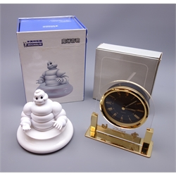  Michelin tyre interest - Chinese blue tooth speaker in the form of a truncated Bibendum figure H11cm, boxed with lead and paperwork, and an Ayish Saudi Arabia desk clock with quartz movement H13cm, boxed (2)  