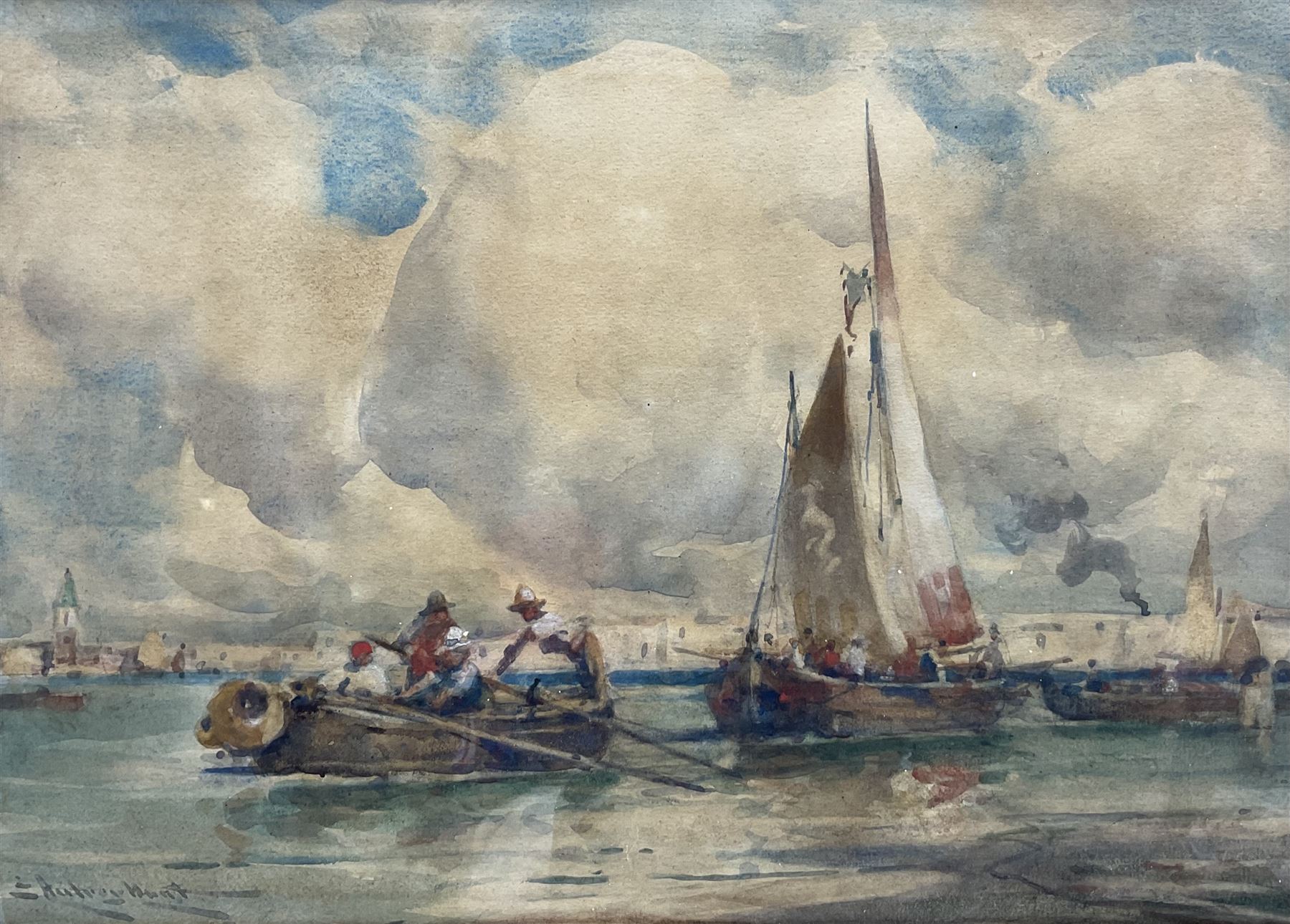 Edmund Aubrey Hunt (American 1855-1922): Fishermen and Sailing Vessels near Venice, watercolour signed 24cm x 34cm