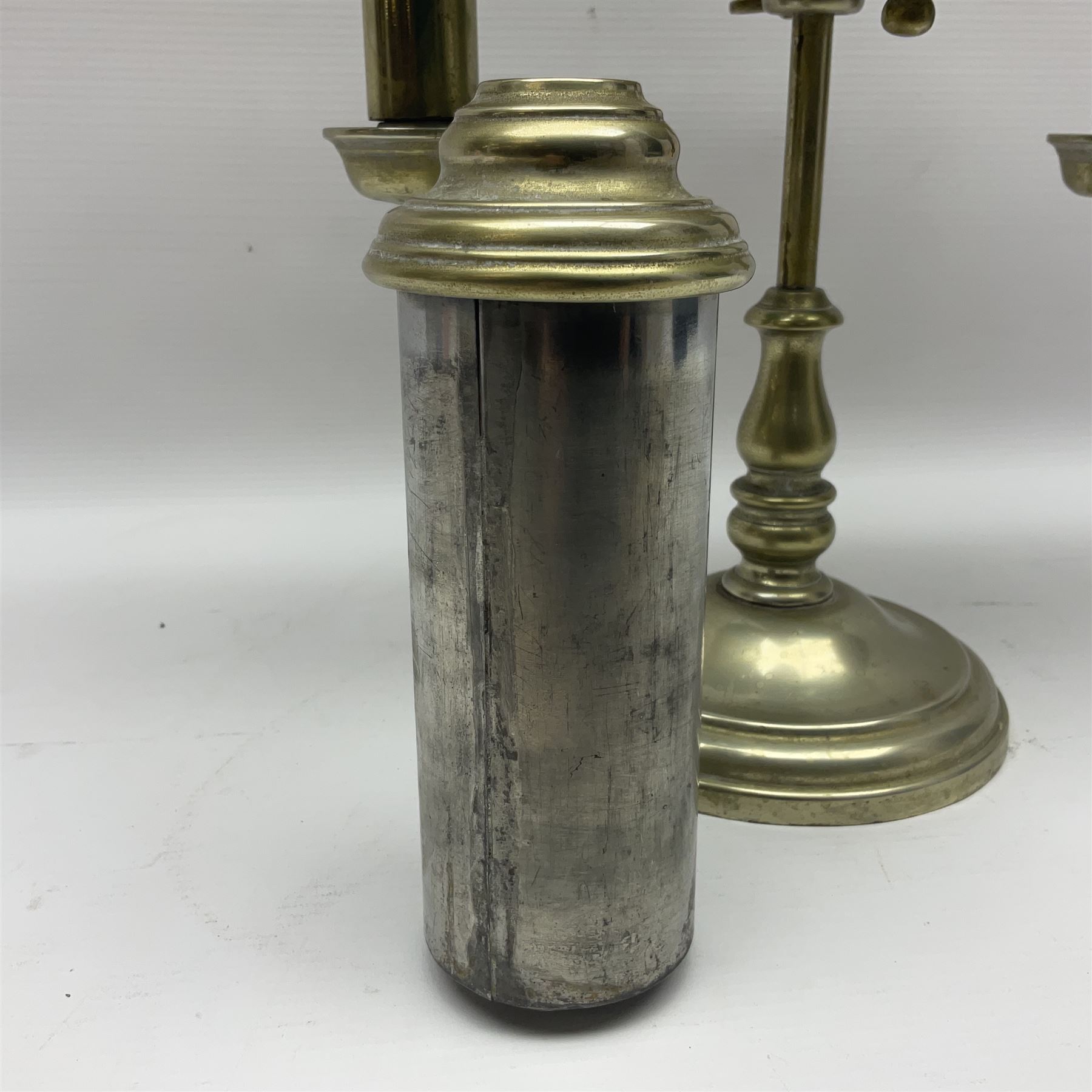 Miller & Sons Piccadilly polished brass double adjustable student's oil lamp, with green glass shades, H52cm