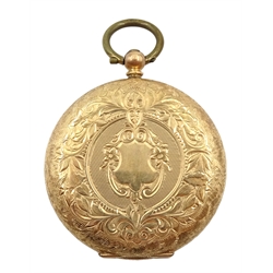 Early 20th century continental gold ladies pocket watch, top wind, stamped 14K, on gold chain stamped 9c