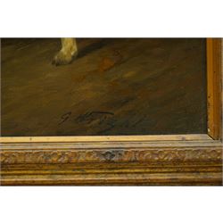 George Wright (British 1860-1942): The Calm Before the Chase - Huntsman and Hounds at the Water Trough, oil on canvas signed 75cm x 60cm