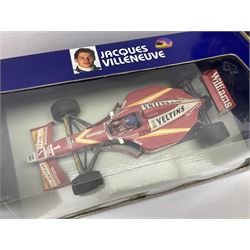 Four Paul's Model Art 1:18 scale die-cast racing cars - Jacques Villeneuve Williams Mecachrome Launch Version 1998 and Williams Renault FW19; Ralf Schumacher Jordan Peugeot 197; and Michael Schumacher Benetton Renault B195 World Champion 1995; all boxed (4)