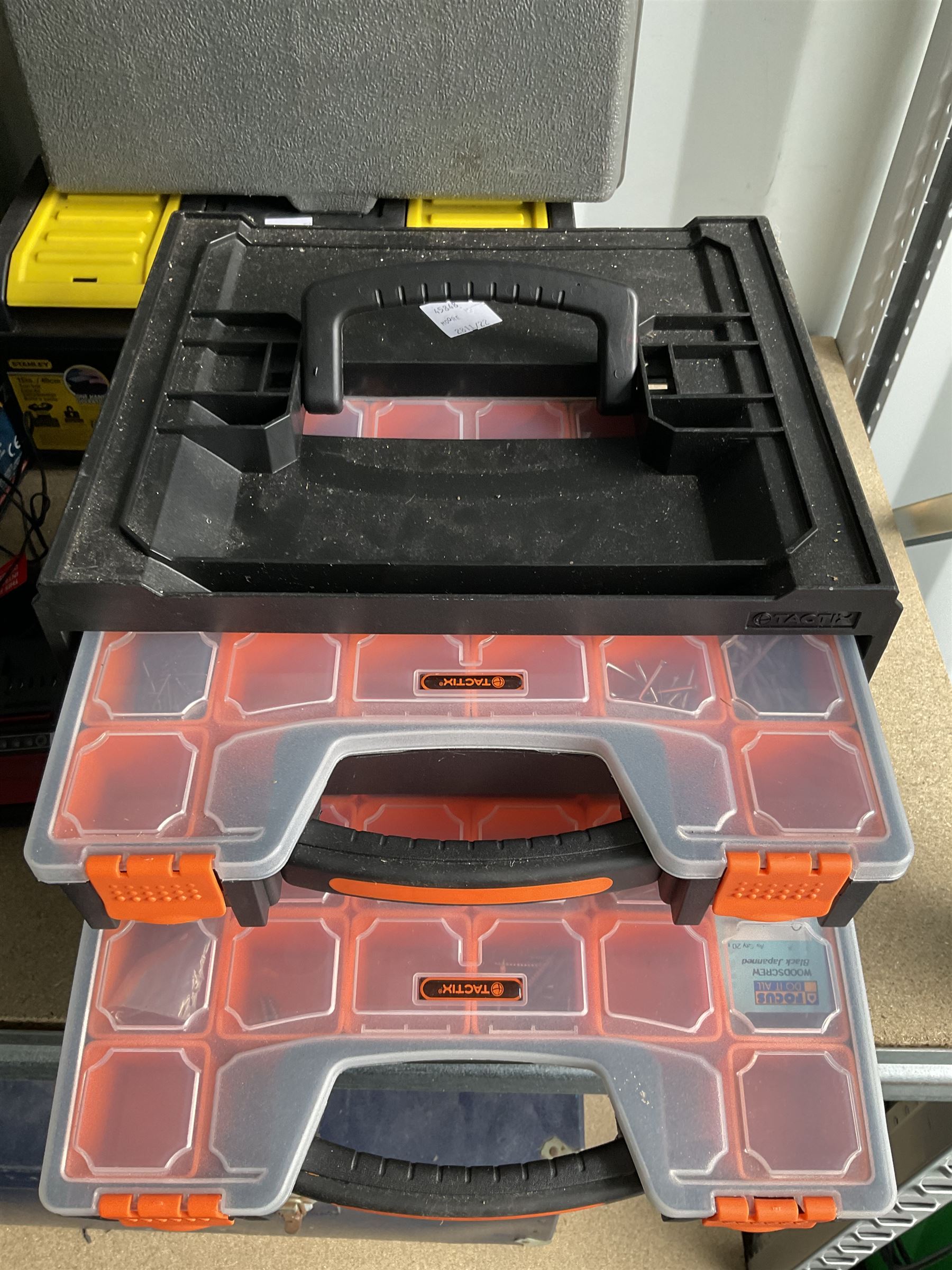 Bosch battery strimmer with four batteries and two chargers, Worx battery drill and pressure washer, (single battery), corded jigsaw and sander, screw and nail assortment station and other  - THIS LOT IS TO BE COLLECTED BY APPOINTMENT FROM DUGGLEBY STORAGE, GREAT HILL, EASTFIELD, SCARBOROUGH, YO11 3TX