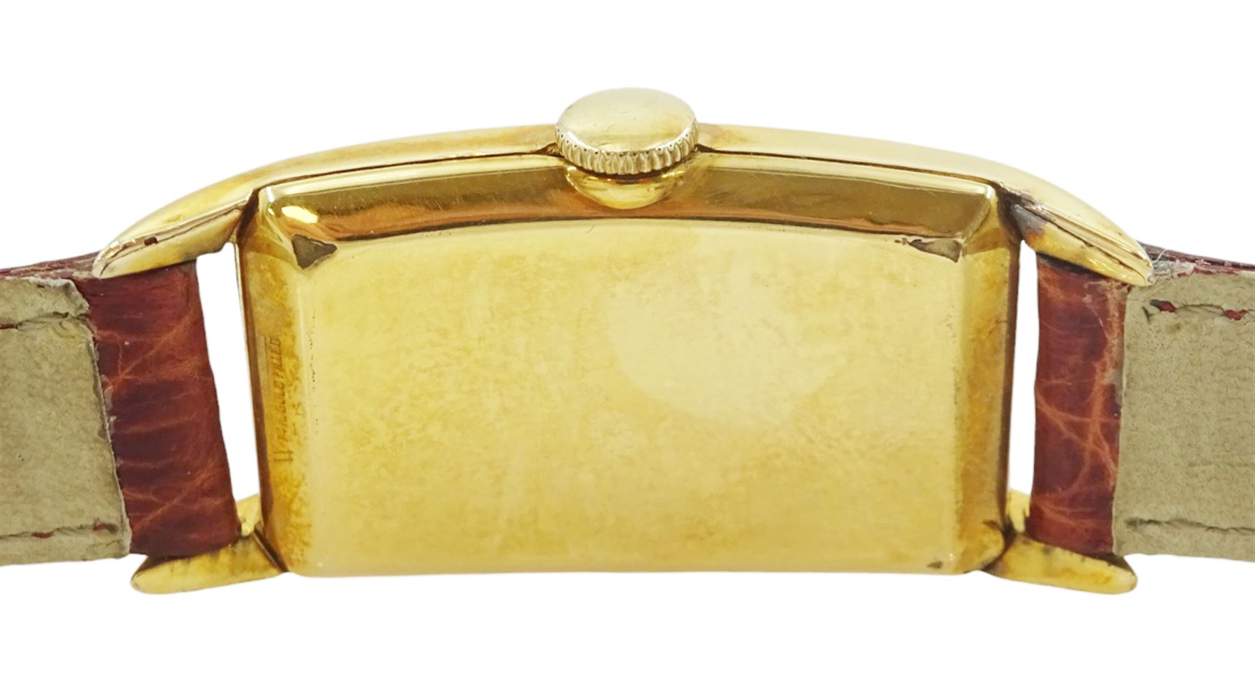 Hamilton gentleman's 14K gold filled manual wind wristwatch, circa 1940's, Cal. 980, silvered rectangular dial, with subsidiary seconds dial and Arabic hour markers, on brown leather strap