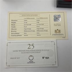 Austria 2014 gold proof two coin set, comprising one ounce fine gold one-hundred Euro and quarter ounce fine gold twenty-five Euro coins, cased with certificate