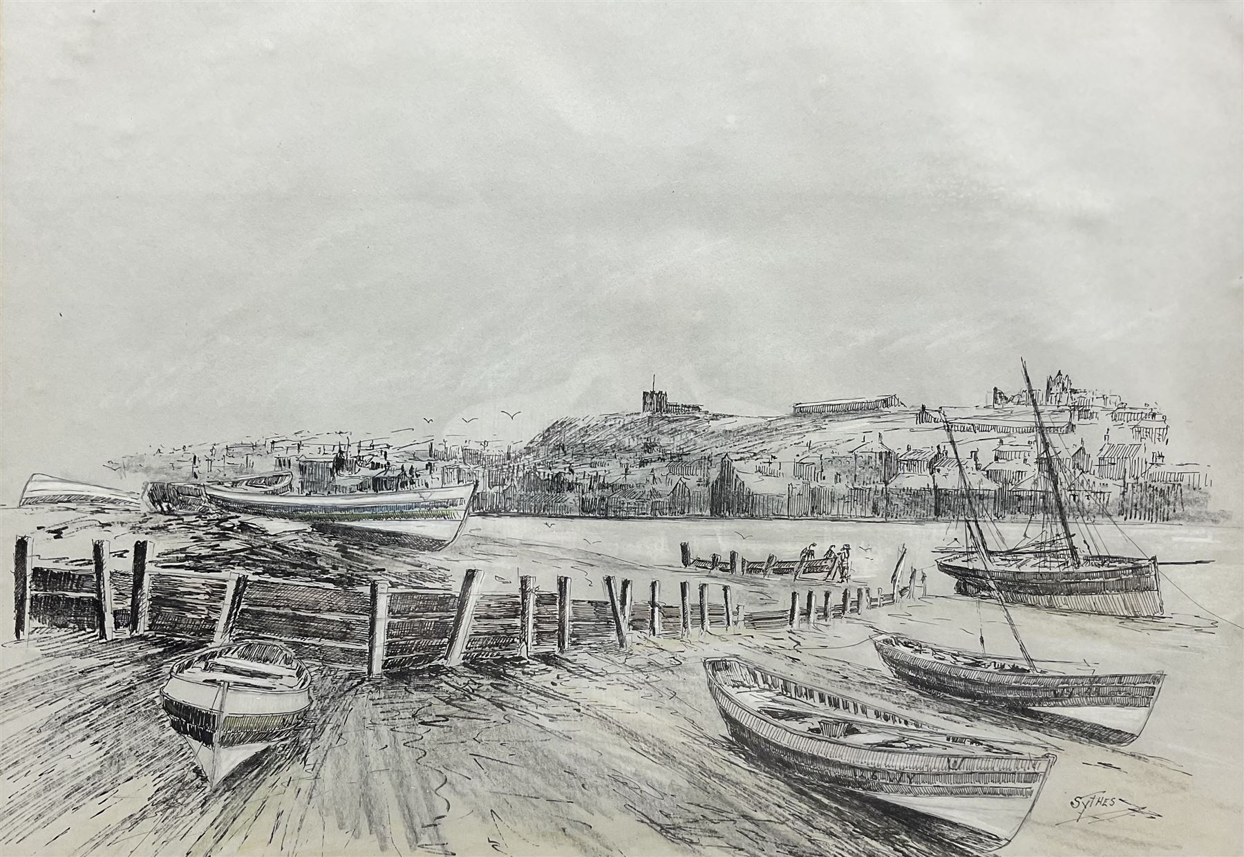 Desmond 'Des' G Sythes (British 1929-2008): 'Old Whitby - East Side', pen and ink signed, titled on label verso 36cm x 51cm