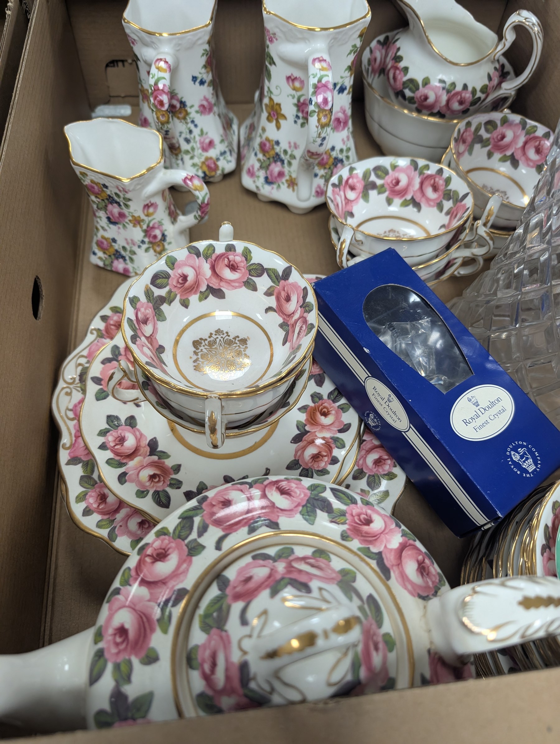 Set four framed WWII medals, further medals and a collection of ceramics and glassware, including Fenton chintz jugs, Minton Haddon Hall pin dish, etc