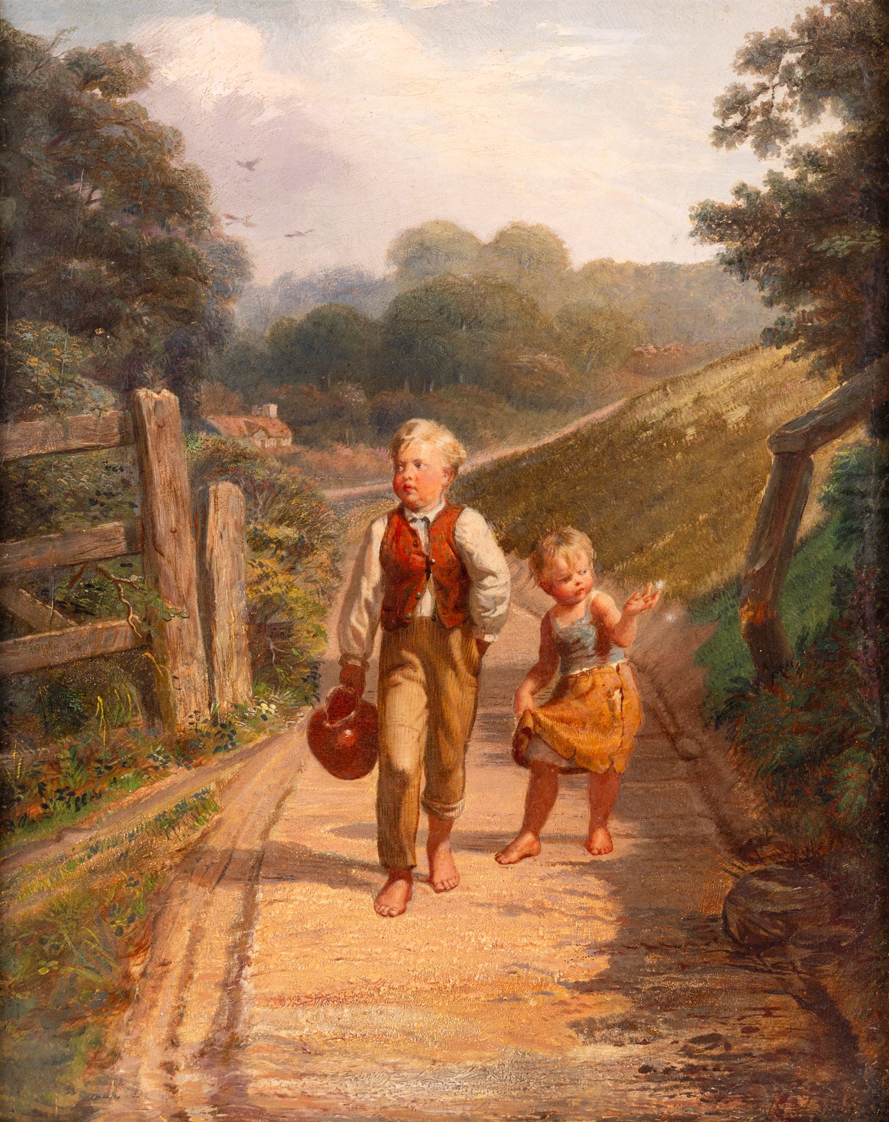 William Bromley III (British 1816-1890): Two Children on a Country Lane, oil on canvas dated 1867 in the artist's hand, indistinctly inscribed verso 37cm x 29cm