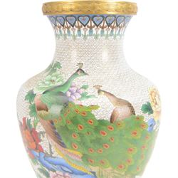 20th century Chinese cloisonné vase, of baluster form, decorated with two peacocks amongst peonies on a white cloud pattern ground, H38cm 