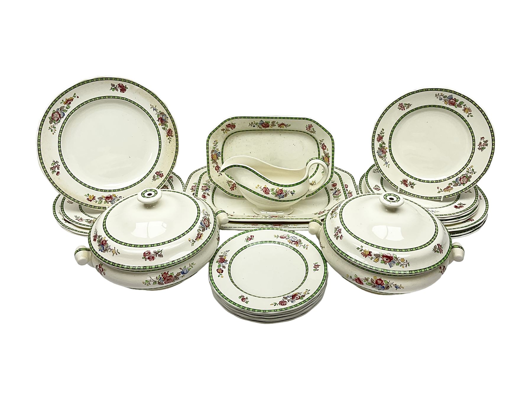 Copeland Spode, Spode's Glory pattern part dinner service, comprising two covered tureens, six dinner plates, six side plates, six dessert plates, sauce jug, three serving dishes of various sizes   