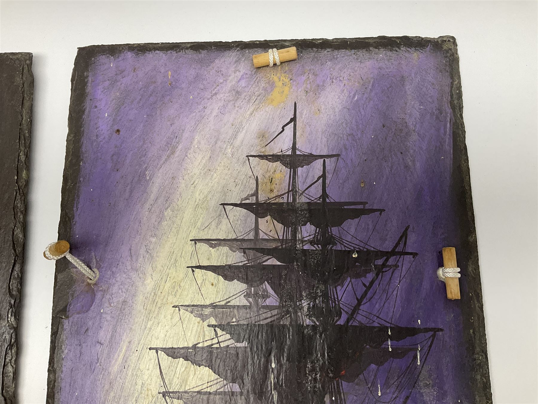 Michael J Whitehand (British 1941-): Three oil paintings of ships on slate signed, largest H40cm, L75cm