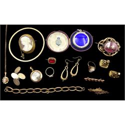 Victorian gold cameo brooch, silver and blue enamel compact by S Blanckensee & Son Ltd, Chester 1908, 9ct gold jewellery jewellery including two brooches, cameo ring and pendant necklace, picture locket pendant and a sapphire and diamond ring and other Victorian and later gilt jewellery