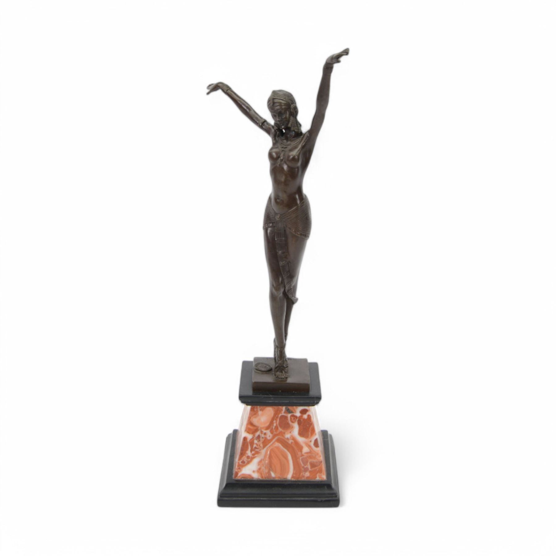 After Demetre Chiparus, Art Deco style bronze, modelled as a dancer, raised upon a stepped marble base, H55cm