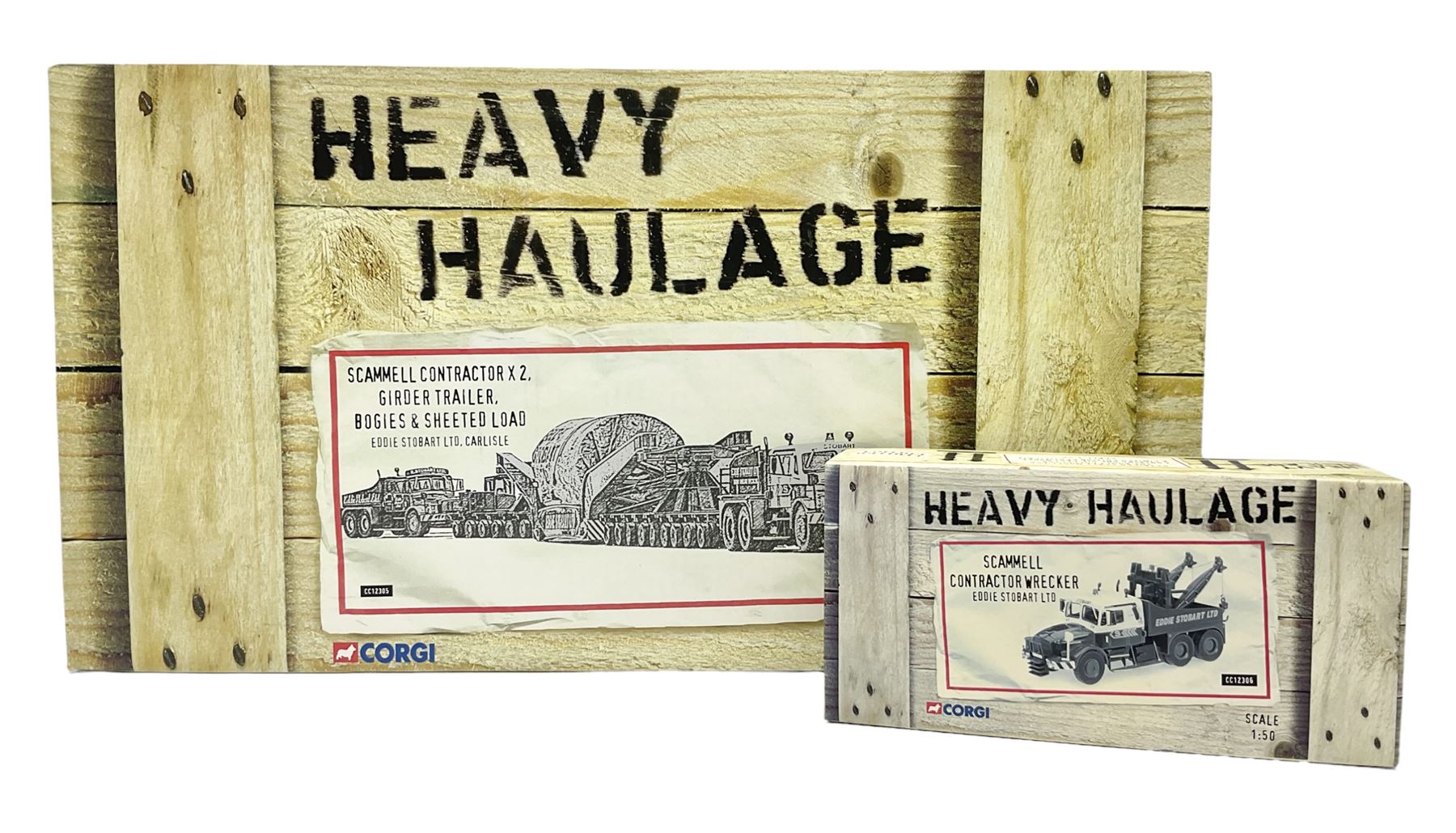 Corgi Eddie Stobart - CC12305 Scammell Contractor x 2, Girder Trailer, Bogies and Sheeted Load; and CC12306 Scammell Contractor Wrecker; each in simulated 'crate' box (2)