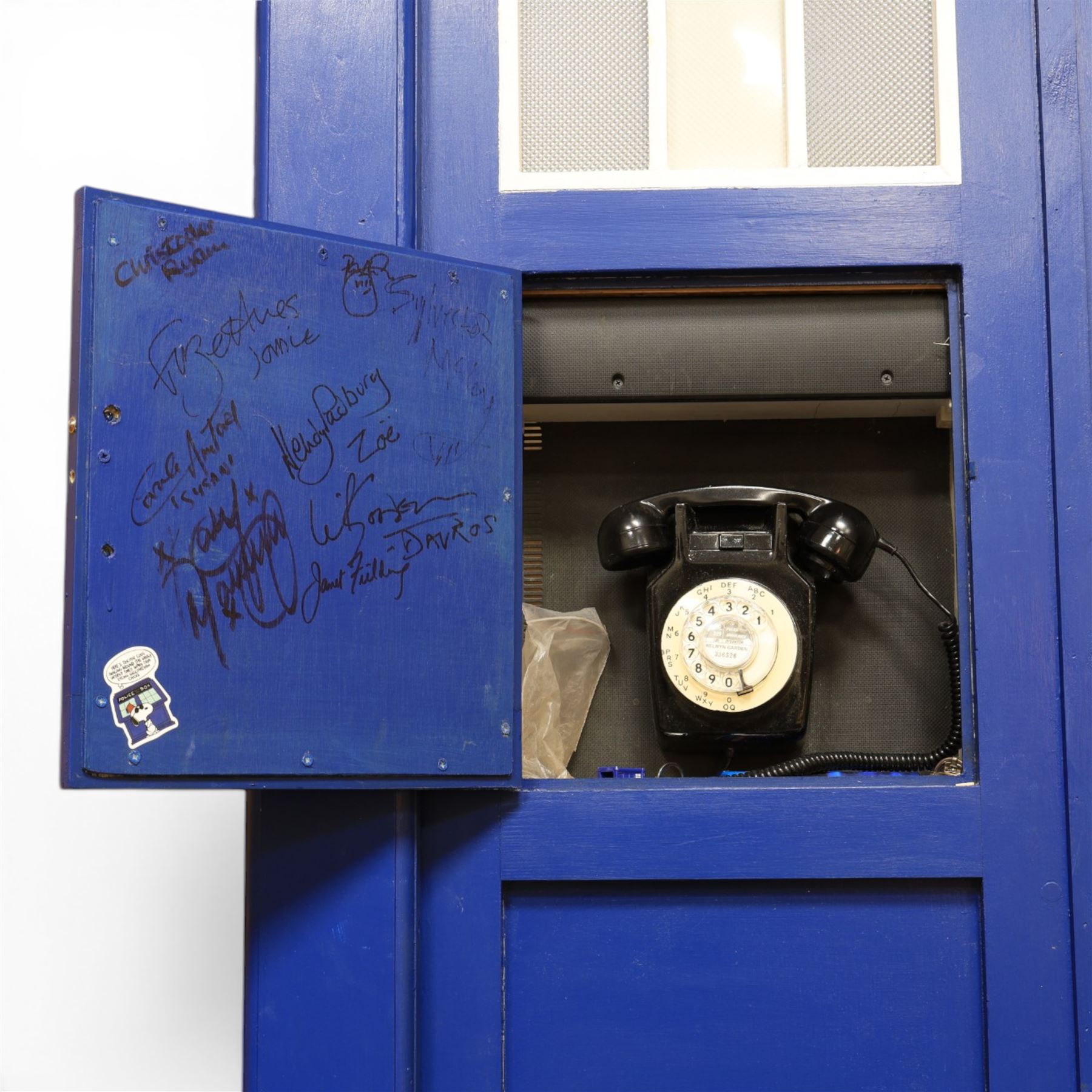 Doctor Who - full scale scratch built replica TARDIS, with functioning lantern and ringing telephone, the telephone door autographed by several Doctor Who cast members including Sylvester McCoy, Frazer Hines, Wendy Padbury, Janet Fielding and Caroline John
