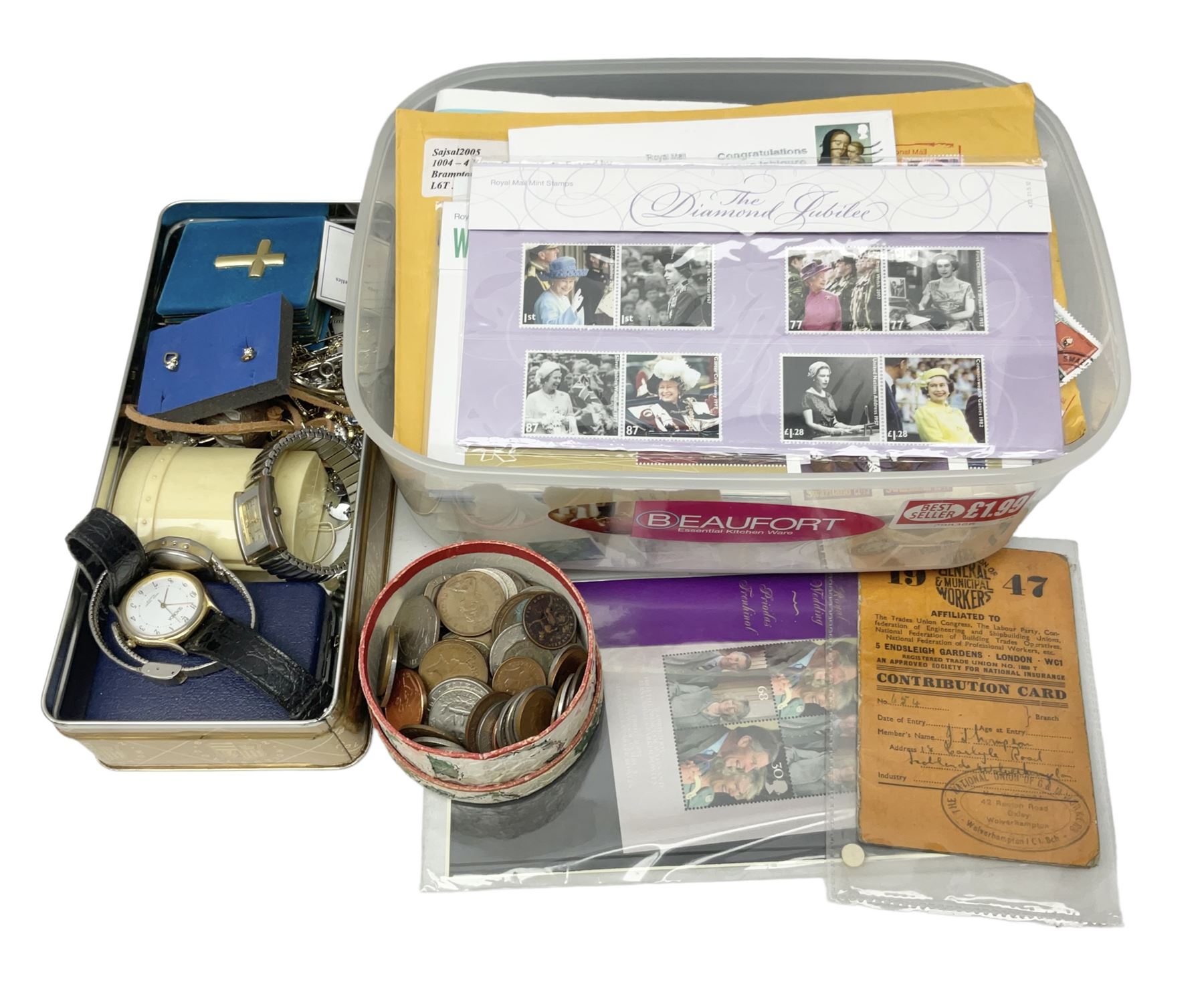 Pair of 9ct gold heart design hoop earrings and 9ct gold pearl earring together with a small collection of silver, costume jewellery and a collection of stamps including some useable postage 