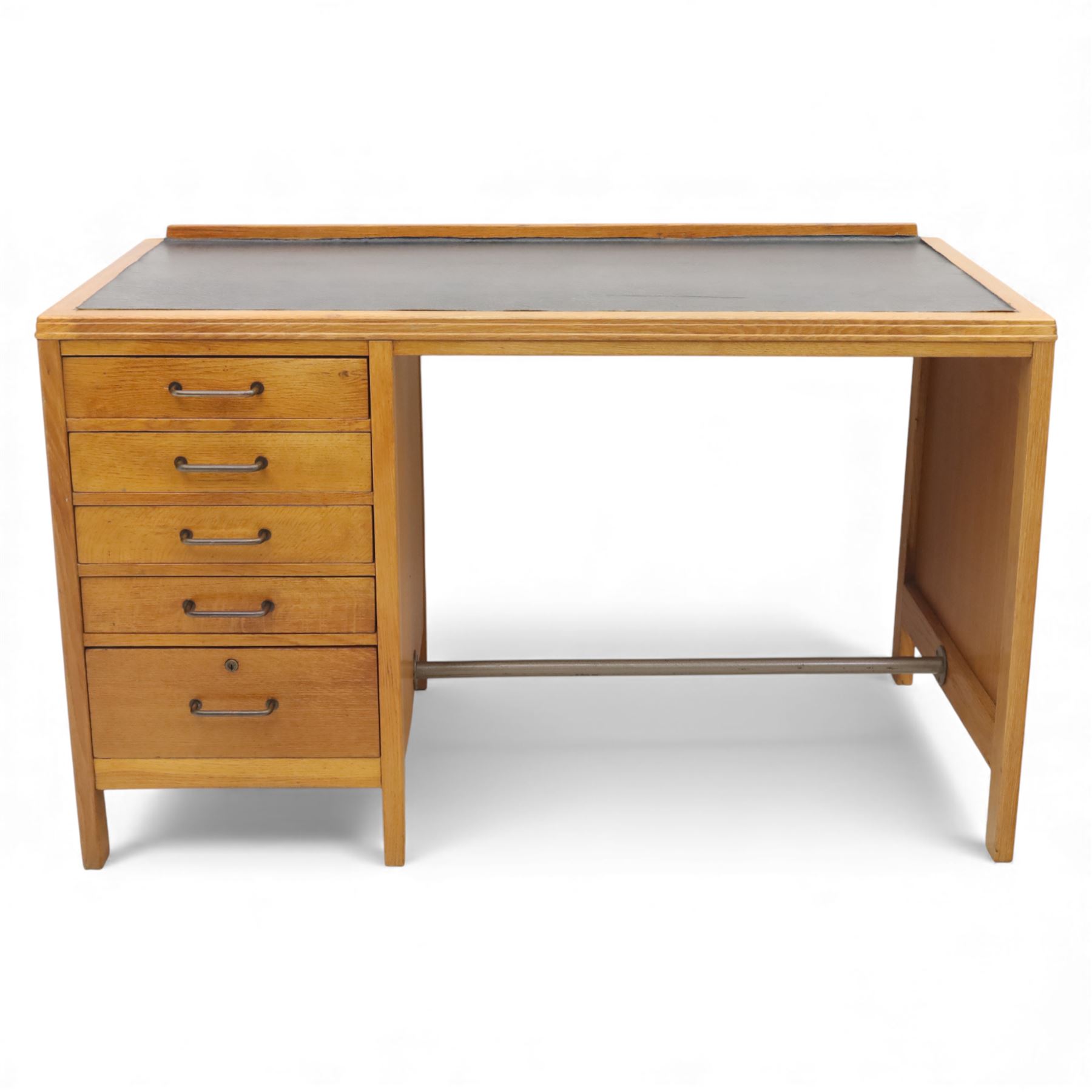 Gordon Russell - Oak pedestal desk with black leather inset top, rectangular galleried back, five graduating drawers, tubular metal handles and stretcher on square supports