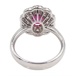 18ct white gold unheated oval ruby and round brilliant cut diamond cluster ring, hallmarked, ruby 3.07 carat, total diamond weight approx 1.65 carat, with WGI certificate