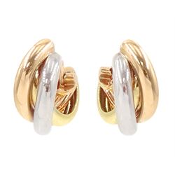 Cartier Trinity gold hoop earrings, each stud with 18ct rose, white and yellow gold intertwined rings, boxed with certificate 