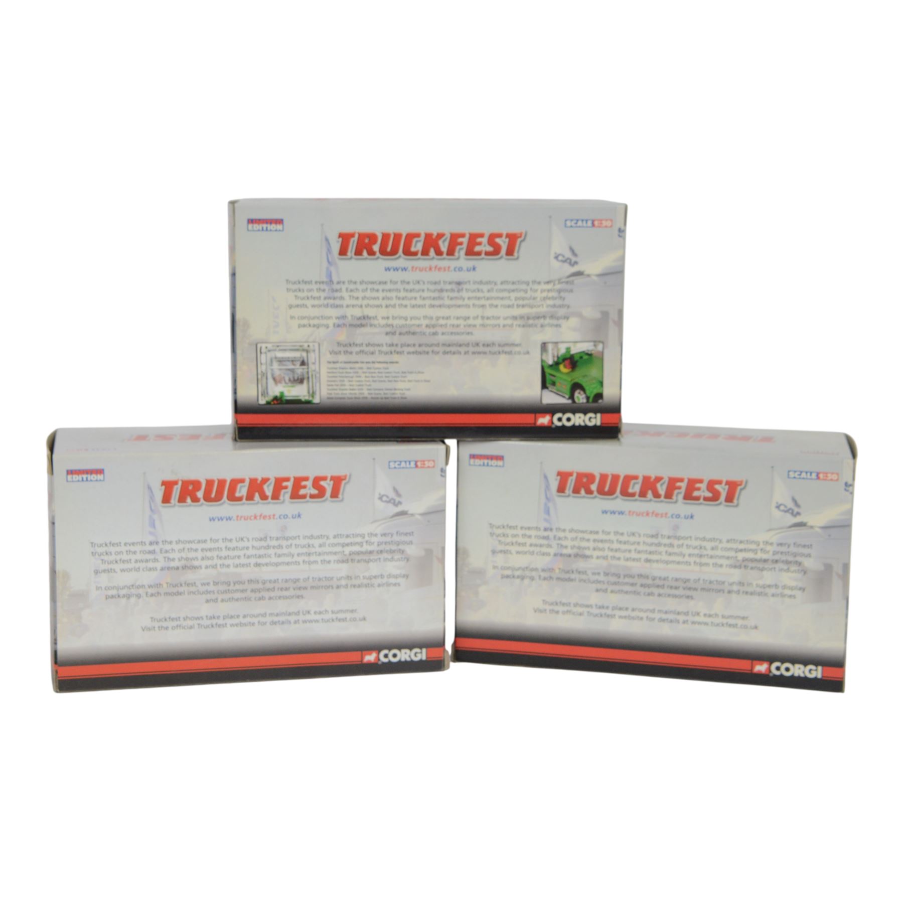 Three limited edition Corgi 1:50 scale Truckfest diecast models, comprising CC13728 Scania R Countrywide, CC14110 DAF 105 XF-Outdoor Services Colin McCrae Tribute and CC15203 MAN TGX (XLX), all boxed