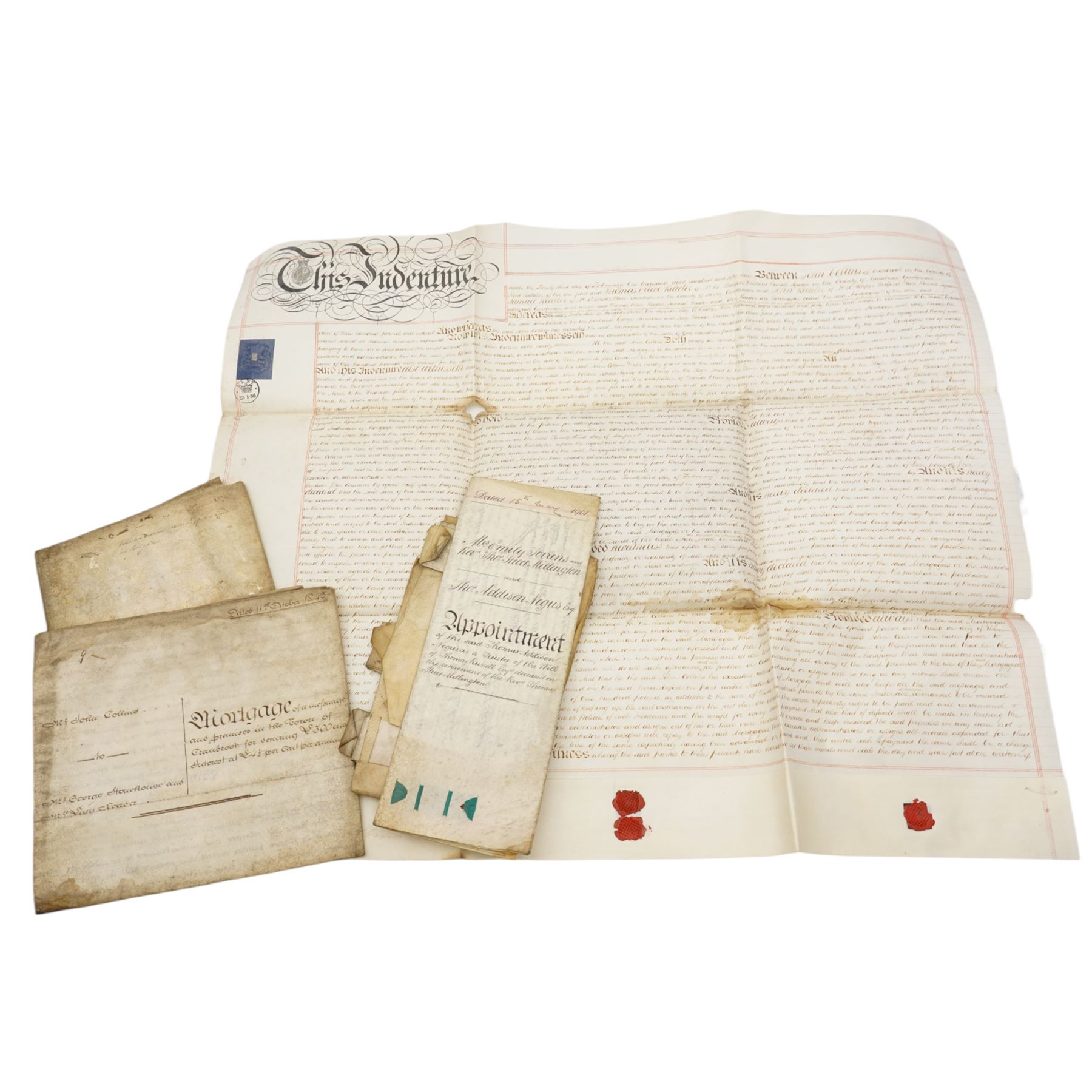 William and Mary indenture 1691,  Queen Anne indenture between John Waldrom of Oadby and George Durnor, mortgage document and other indentures