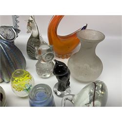 Robert Held iridescent art glass sea urchin paperweight, signed to underside, together with Murano glass clown and a collection of other glass paperweights and animals, etc 