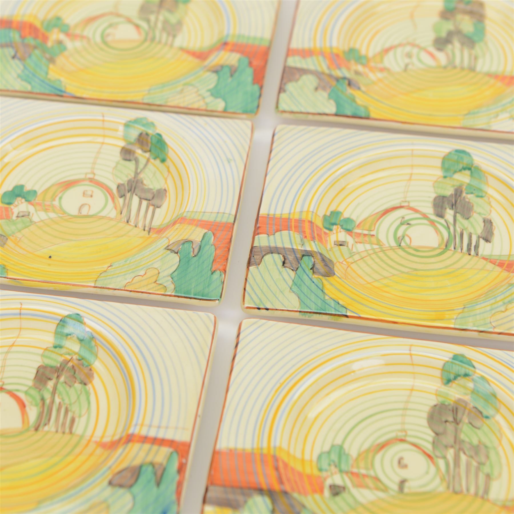 Clarice Cliff Biarritz sandwich set, comprising a rectangular platter and six side plates, all in the Brookfields pattern, the platter with printed Clarice Cliff Newport Pottery and The Biarritz Royal Staffordshire mark beneath, platter H23cm, W19.5cm
