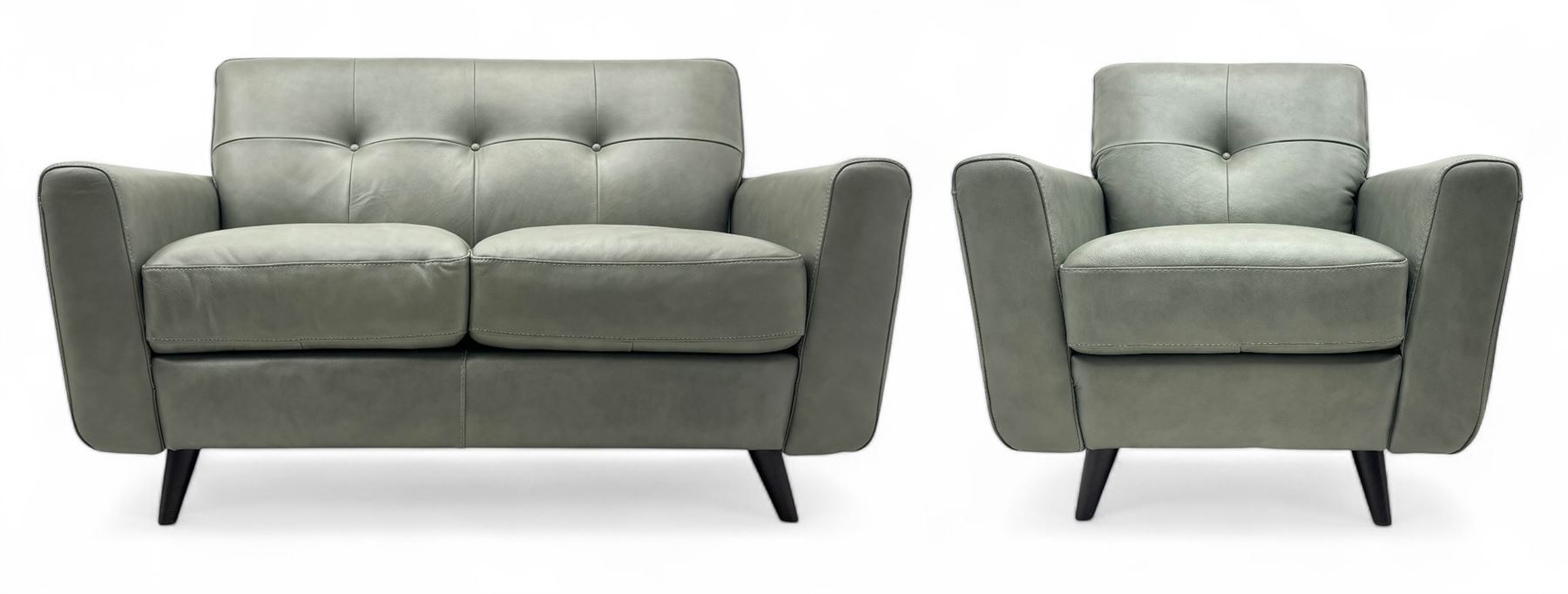 DFS - contemporary 'Camper' two seat sofa, upholstered in French grey leather with button back detailing, on splayed supports (W144cm, D84cm, H76cm); matching armchair (W90cm, D84cm, H76cm)