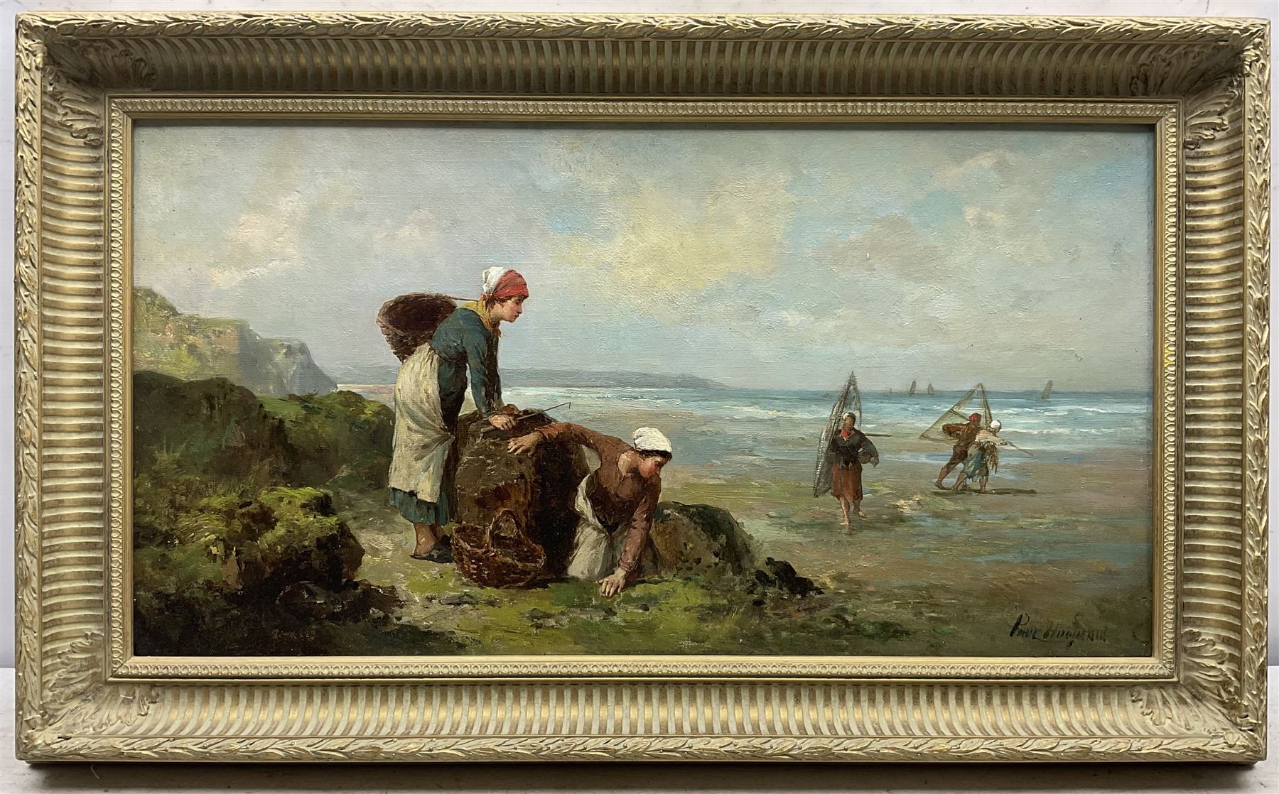 Paul Huguenin Virchaux (Swiss 1870-1919): Fishergirls on the Shore, pair oils on canvas signed 34cm x 64cm (2)