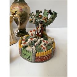 Staffordshire style figure group spill vase, modelled as a shepherd with tree surrounded by sheep and other animals, a copper lustre jug, and other ceramics decorated with pheasants etc
