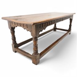 Charles I rectangular joined oak and elm refectory table, the frieze carved with repeated arch motifs, pearwood top above four turned supports united by horizontal stretcher, first half 17th century
Provenance: Purchased from Thorpe & Foster of Dorking in 1971
