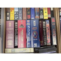 Large collection of VHS tapes, DVDS, CDs to include Queen, James Bond 007, Batman etc, in three boxes