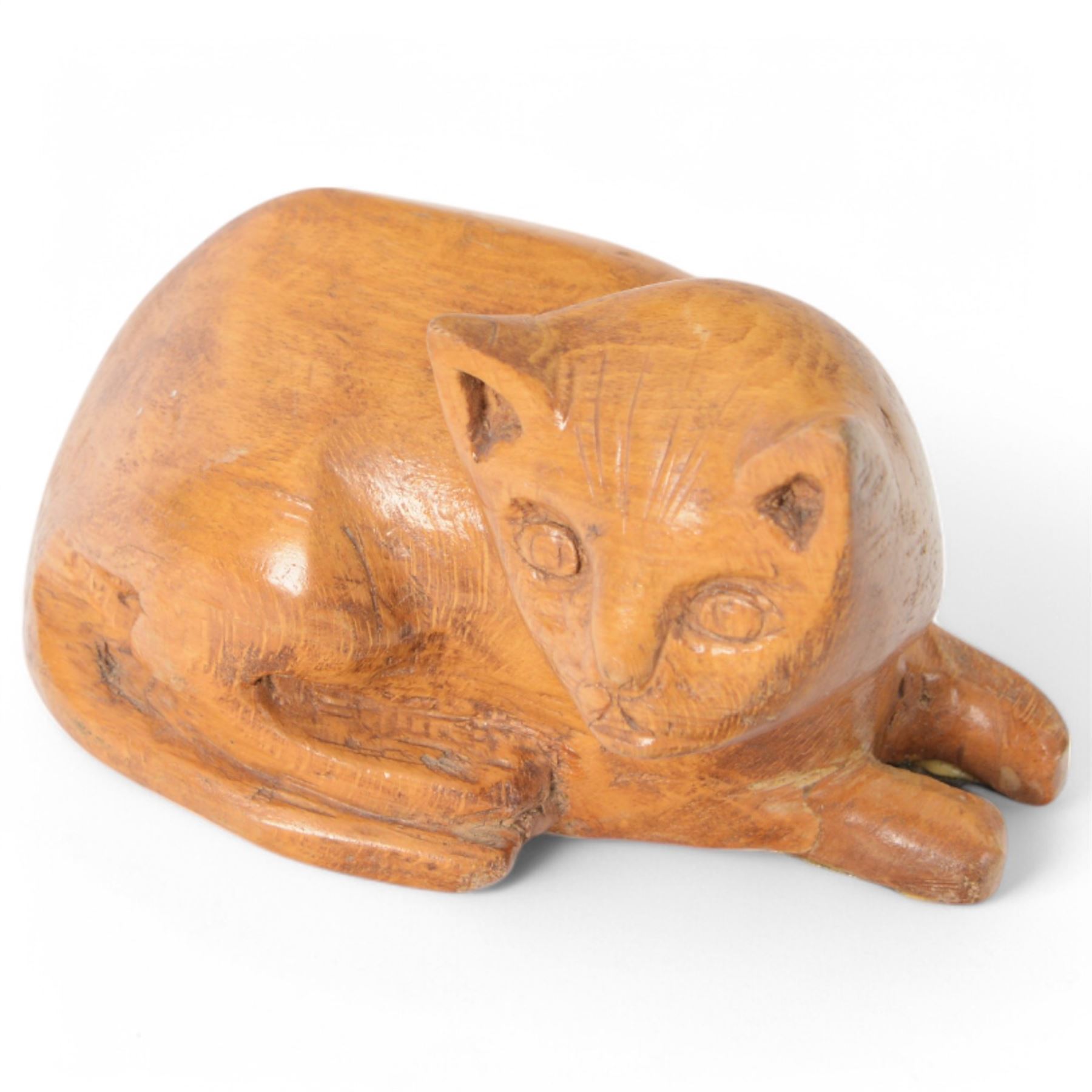 Naive Folk Art carved wooden figure of a recumbent cat, H13cm, L19cm