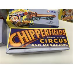 Sixteen Corgi limited edition Chipperfields Circus models - 07202 Land Rover Public Address & Clowns; 11201 ERF KV Artic with cages lions, tigers, pedestal & tamer; 14201 Foden S21 Articulated Tank Trailer with hippo & crocodile; 17801 Scammell Constructor Cannon & Ringmaster; 31703 Land Rover, Morris Minor Pick-Up, Thames Trader & AEC Fire Engine; 31901 Mary Chipperfield's Liberty Horses; 96905 Advance Booking Vehicle; 97022 AEC Regal Living Quarters; 97092 Bedford Pantechnicon Billy Smee Wardrobe; 97915 Scammell Highwayman with two trailers; 97887 Bedford O Articulated Horsebox; 97888 Foden Closed Pole Truck with Caravan; 97889 AEC Cage Truck & Trailer; 97896 AEC Pole Truck; 97957 ERF 8-Wheel Rigid Truck; and Set No.1 Six Circus Figures; all mint and boxed with certificates, some with posters, and brochure (16)