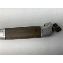 Burmese dha dagger with 15cm steel blade, white metal ferrule and horn handle, in white metal and filigree scabbard L30.5cm; a Burmese long bladed knife with horn handle and brass mounted teak scabbard; and another Eastern dagger in sheath (3)