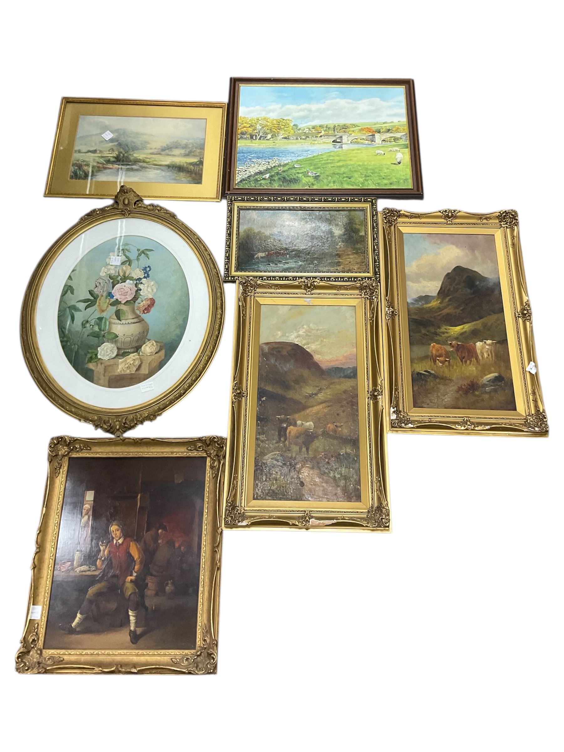 Three highland cattle oils on canvas, Trevor Mitchell landscape oil, landscape watercolour, still life watercolour, etc