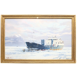 John Woodman Cobb (British 1916-1988): 'Ice Lark' in Arctic Waters, oil on canvas signed and dated '78, 54cm x 90cm