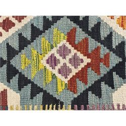 Afghan Maimana Kilim flatweave runner, handwoven with a deep teal ground showcasing a vibrant multicoloured diamond-lattice design in the traditional Maimana style, enclosed by stylised borders and finished with fringed edges 