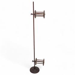 Late 19th century mahogany two-cylinder adjustable wool winder on metal stand H112cm and a Victorian swing toilet mirror (2)
