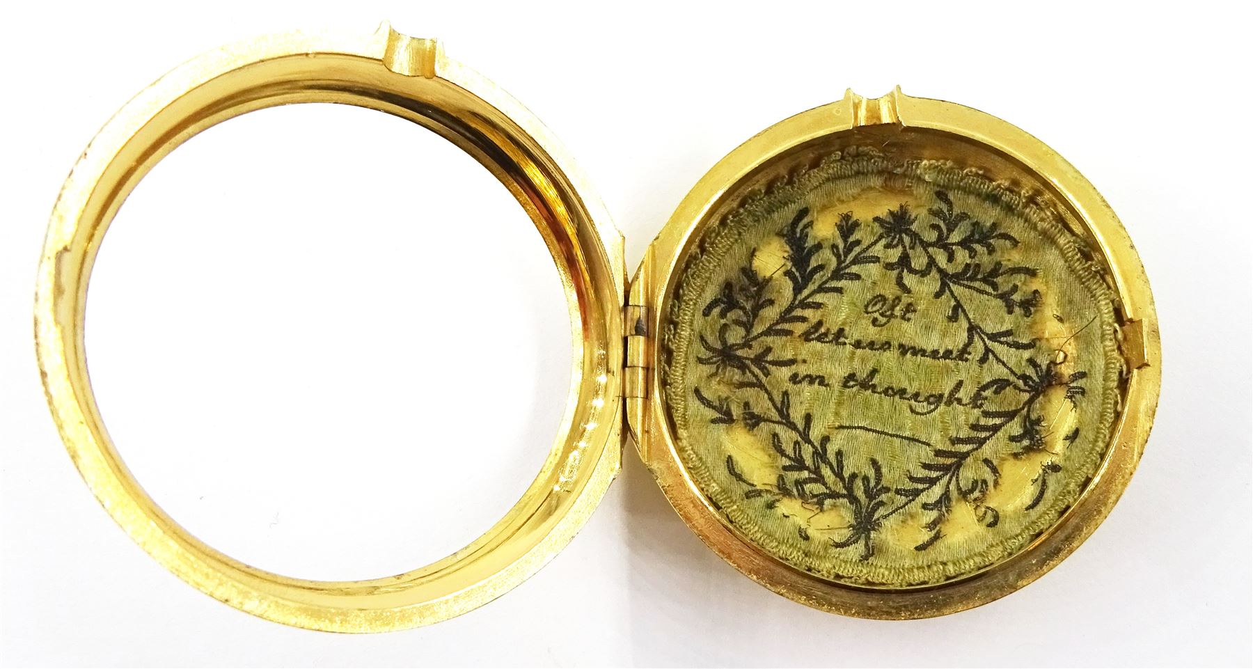 George III gilt pair cased verge fusee pocket watch by George Flote, Islington London, No. 1790, round baluster pillars, pierced and engraved cock balance, white enamel dial with Roman numerals, bull's eye glass, case makers mark I.N, with a fabric watchpaper embroidered with 'Oft let us meet in thought'